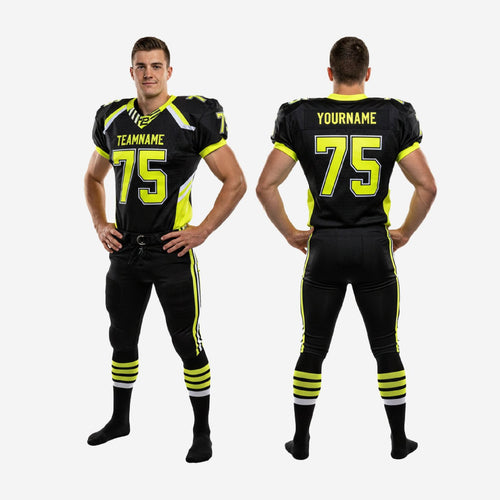 Back view of bulk football uniform set in black and neon yellow showing back number, nameplate area, and matching pant stripe