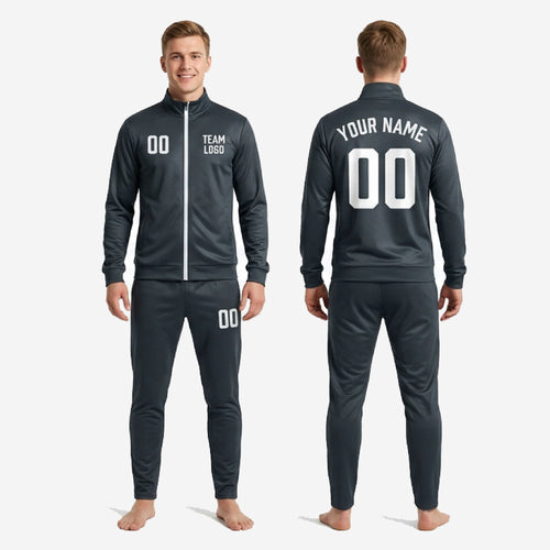 Custom charcoal grey soccer tracksuit 2-piece set for men showing full-dye sublimated jacket and matching pants