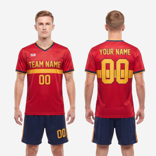 Custom red soccer uniform back view showing player name arc and back number sublimated in Athletic Gold on red jersey