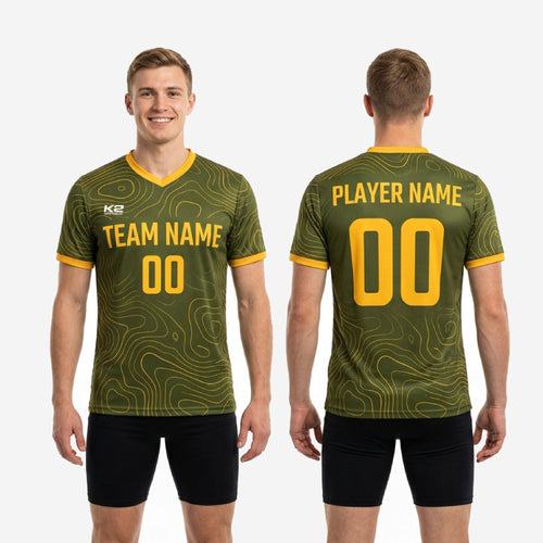 Back view of custom adult soccer practice jersey Army Green with Athletic Gold player number and surname print zones