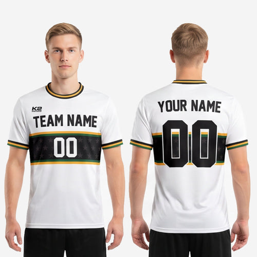 Custom all white soccer jersey back view showing sublimated player name and number on black star band