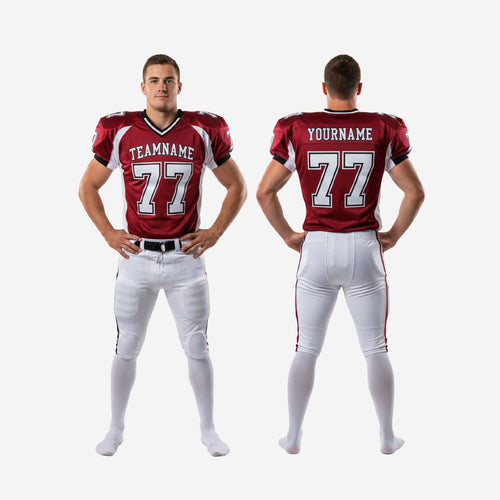 Size and specification sheet for custom american football kits in crimson and white, youth and adult sizing available