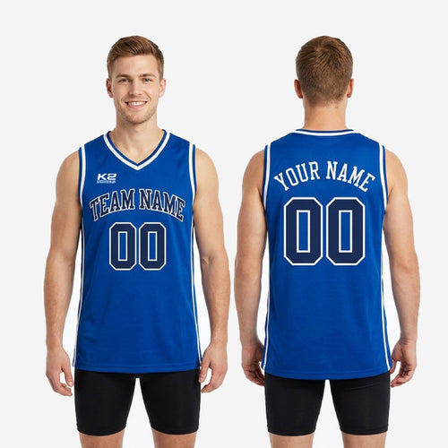 Size and spec sheet for custom royal blue basketball jerseys showing youth and adult sizing available for full team roster orders
