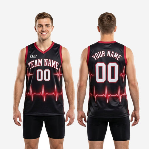 Size and spec chart for custom red and black basketball jerseys showing youth and adult sizing available for full roster orders