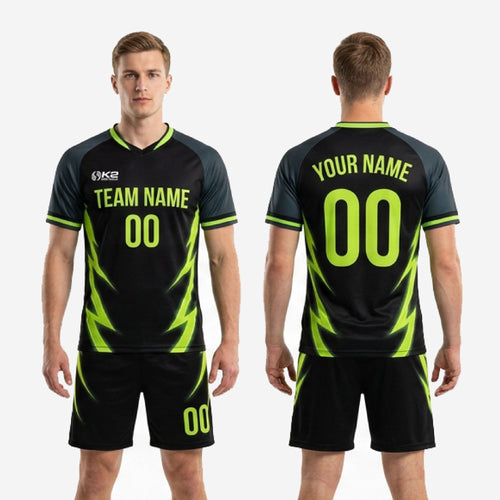 Back view of sublimated all black soccer uniform set with neon green lightning bolt print and custom player name and number zones