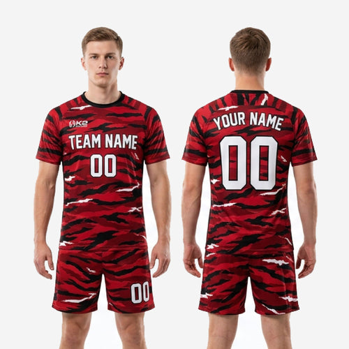 Custom black and red soccer uniform shorts detail with tiger camo pattern and player number on left leg
