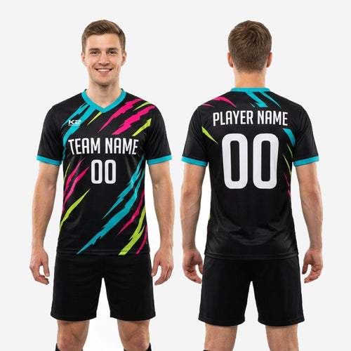 Back view of custom black soccer training jersey with full sublimation print and player number placement