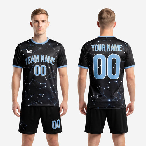 Custom black soccer uniforms constellation full kit back view showing player name and number print zones
