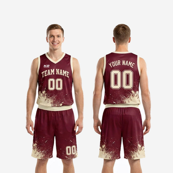 Size and specification chart for custom burgundy basketball uniforms showing youth and adult sizing for jersey and shorts
