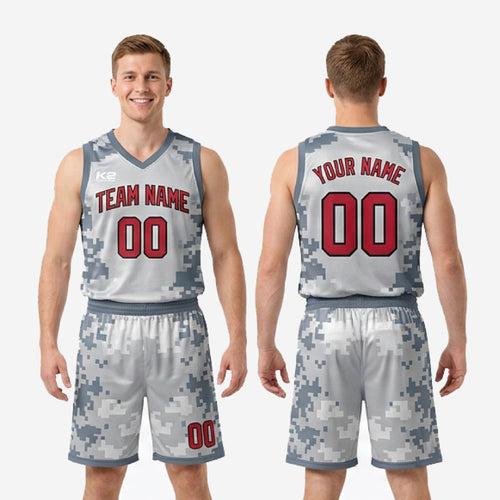 Full set view of custom grey digital camo basketball uniform showing matched jersey and shorts with red numbers and continuous camo print