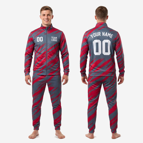 Full 2-piece custom crimson and charcoal soccer tracksuit set studio view showing jacket and pants together as complete warm up kit