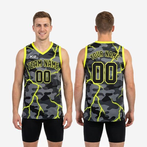 Back view of gray digital camo basketball jersey with neon yellow lightning print, back player name and number in matching colors