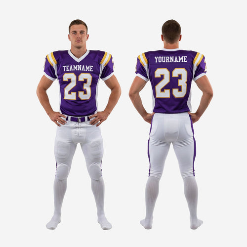 Custom purple and white American football uniform size and specification sheet showing youth through adult sizing for full roster orders