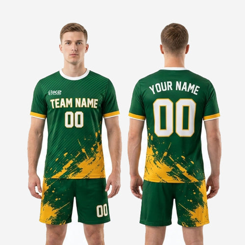 Custom green soccer uniform full kit back view showing player name arc, back number, and matching shorts on male model