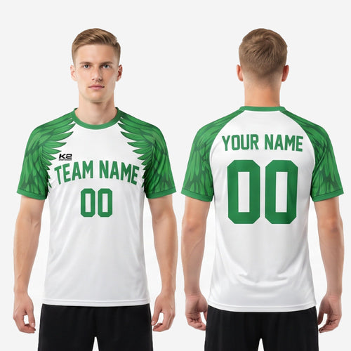 Detail of arched team name and squad number on custom green soccer jersey team kit, Kelly Green lettering on white body