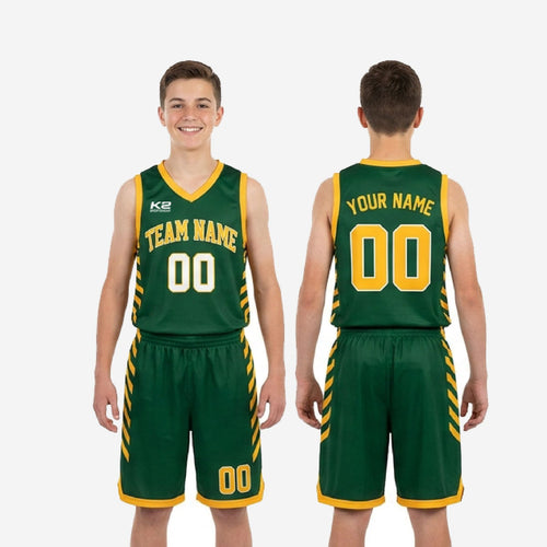 Back view of custom green and gold youth basketball uniforms showing back number placement and gold binding on V-neck armholes and shorts hem