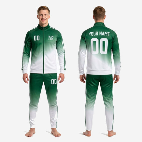 Full set back view of custom green and white soccer tracksuit showing back name print zone and matching gradient on jacket and pants