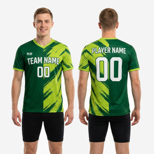 Custom green soccer training jersey short sleeve with Lime Green cuff trim detail, showing moisture-wicking polyester construction