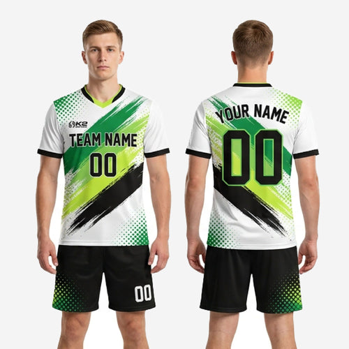 Custom green soccer uniforms full kit back view with player name arc and back number sublimated in black