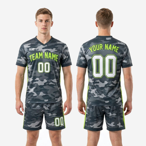 Custom grey camo soccer shorts with neon green side stripe and sublimated player number on left leg
