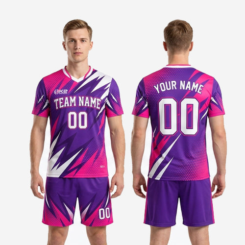 Custom hot pink soccer uniforms full kit back view showing player name and number placement on sublimated jersey