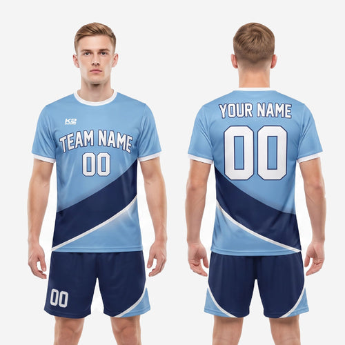 Custom light blue soccer uniform full kit back view showing player name and number print zones in white sublimation