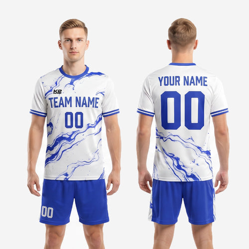 Custom light blue soccer uniform back view showing player name and number placement on White and Royal Blue marble kit