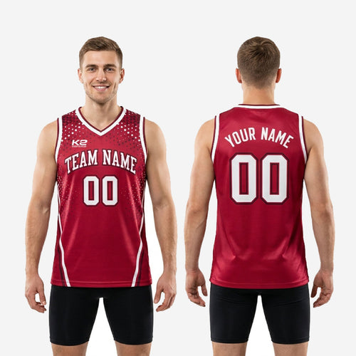 Back view of custom maroon basketball jersey showing player name and number placement on crimson sublimated fabric with white side-panel trim