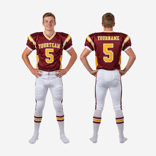 Custom Maroon Youth Tackle Football Uniforms - Gold Stripe Set