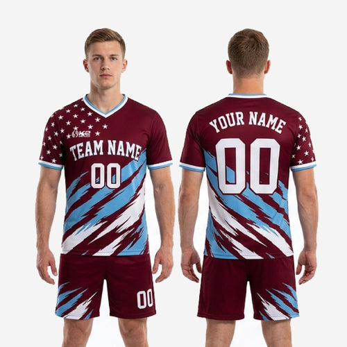 Custom maroon soccer uniform full 2-piece kit with team name on chest, front player number, and matching star-and-slash shorts