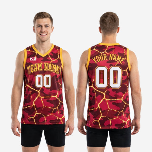 Size chart for custom maroon and yellow basketball jersey showing youth and adult sizing across the full roster size run