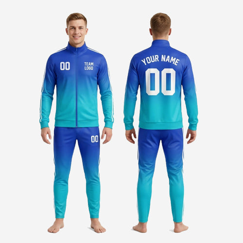 Custom mens soccer tracksuit in Royal Blue to Turquoise gradient with white stripe trim, full-dye sublimation print
