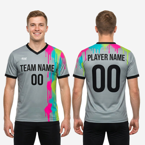 Full view of custom mens soccer training jersey grey splash print showing complete colorway