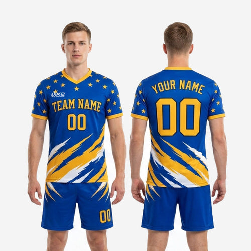 Custom men's soccer uniform in Royal Blue and Athletic Gold showing back number placement and sublimated star-field design