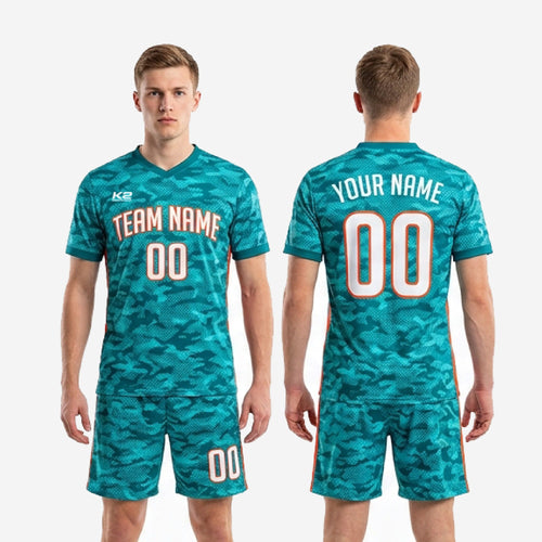 Full detail view of custom men's soccer uniforms in teal camo matchday kit with sublimated camo pattern