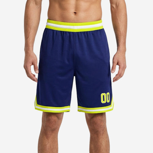 Navy and gold custom basketball shorts front view with player number 00 printed on lower right thigh and double stripe hem trim in neon yellow and white
