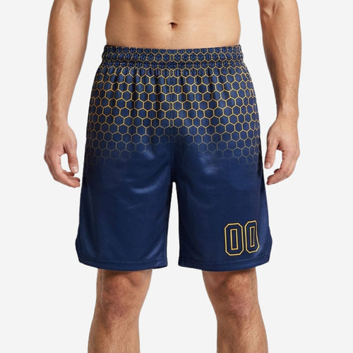 Custom navy and gold basketball shorts front view showing gold hexagon fade pattern and sublimated player number 00 on left thigh