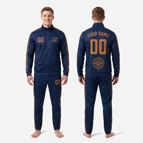 Custom navy and gold soccer tracksuit pants detail showing old gold chevron side panel and sublimated thigh number on tapered athletic cut