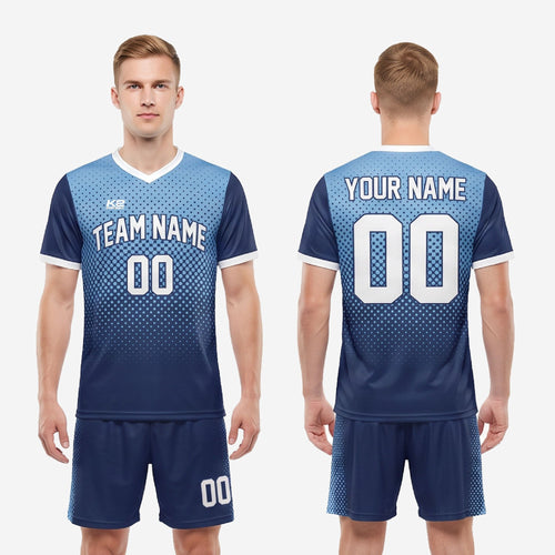 Full 2-piece custom men's soccer uniform set in Navy Blue and Sky Blue, jersey and matching shorts with personalized team name and player number