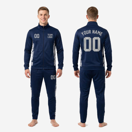 Full 2-piece custom navy soccer tracksuit set in navy blue and silver marble sublimation print