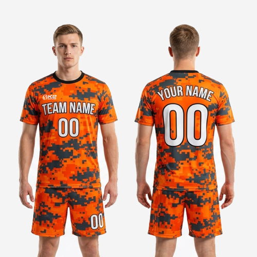 Complete custom orange and charcoal digital camo soccer uniform set jersey and matching shorts full kit view