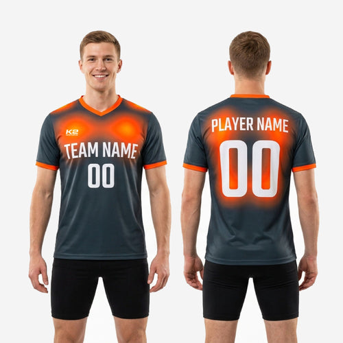 Back view of custom orange soccer training jersey showing player surname above number and orange gradient across shoulder zone