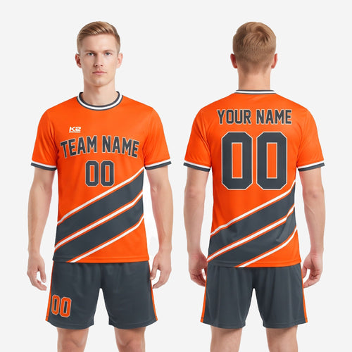 Back view of custom orange soccer uniform showing player name and number sublimated print zones