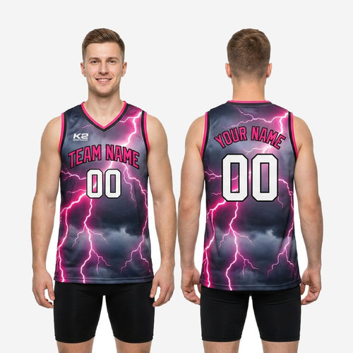 Size chart for custom pink basketball jerseys showing youth and adult sizing measurements for team orders