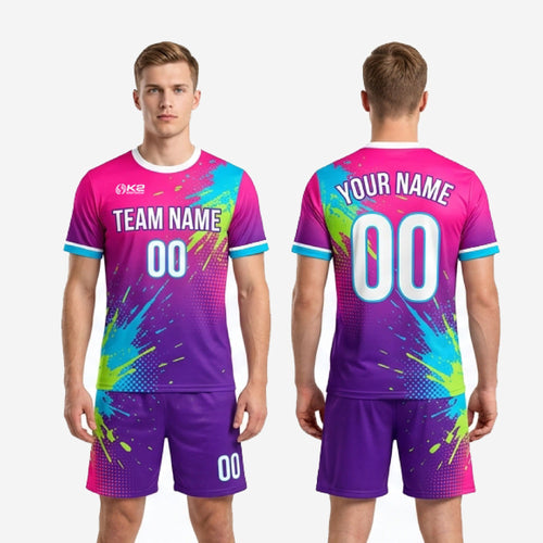 Custom pink and purple soccer uniform full kit back view showing player name and number print zones on sublimated jersey