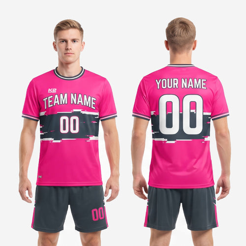 Custom pink and charcoal soccer uniform full kit back view showing player name and number print zones