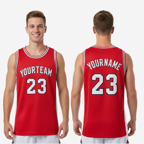 Size and specification chart for custom red basketball jerseys showing youth and adult sizing measurements for roster ordering