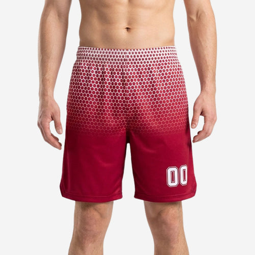 Custom red basketball shorts with crimson and white hex-fade sublimation pattern and white player number 00 on the front left leg