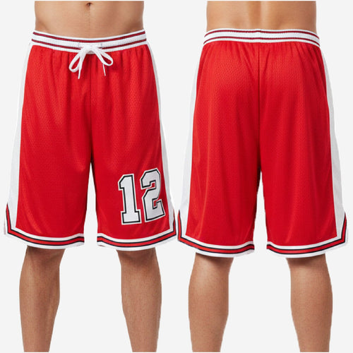 Size and spec chart for custom red and black basketball shorts showing youth and adult size run and construction details