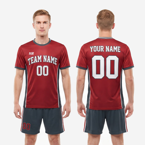 Custom red and black soccer uniform shorts detail showing charcoal fabric with crimson side stripe and player number print